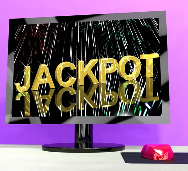 Jackpot Word con fuochi d'artificio sul computer che mostra la vincita — Foto Stock