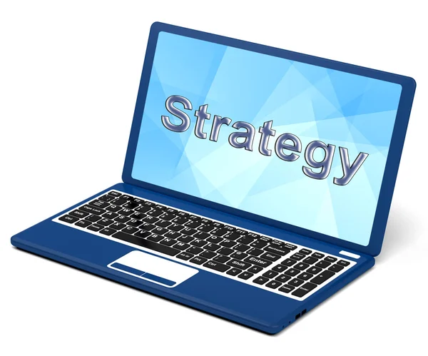 Strategie woord op laptop tonen teamwerk en planning — Stockfoto