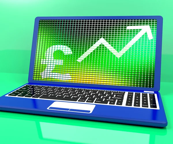 Pond teken en omhoog pijl op laptop voor inkomsten of winst — Stockfoto