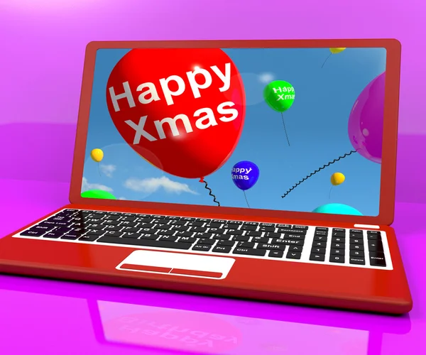 Κόκκινα μπαλόνια με χαρά Χριστούγεννα στον υπολογιστή για online χαιρετισμούς — Φωτογραφία Αρχείου