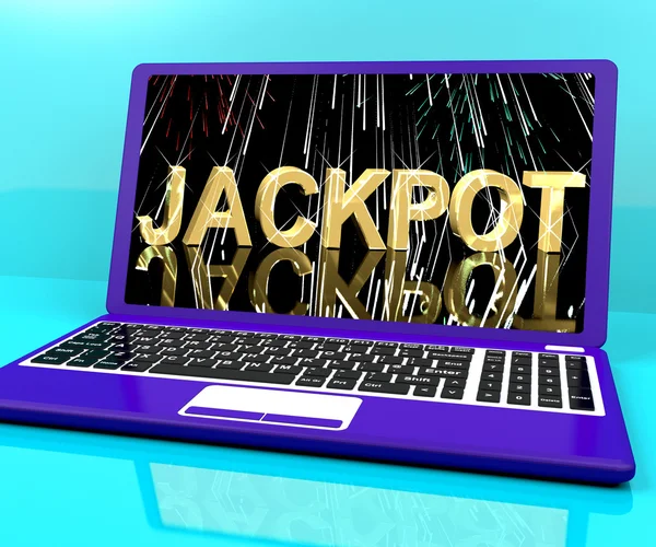 Jackpot Word con fuochi d'artificio sul computer portatile che mostra la vincita — Foto Stock