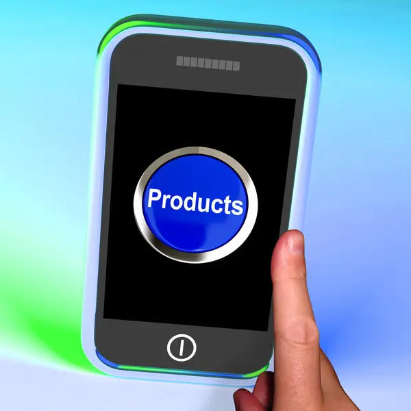 Produktbutton auf dem Handy zeigt Internet-Shopping-Waren — Stockfoto