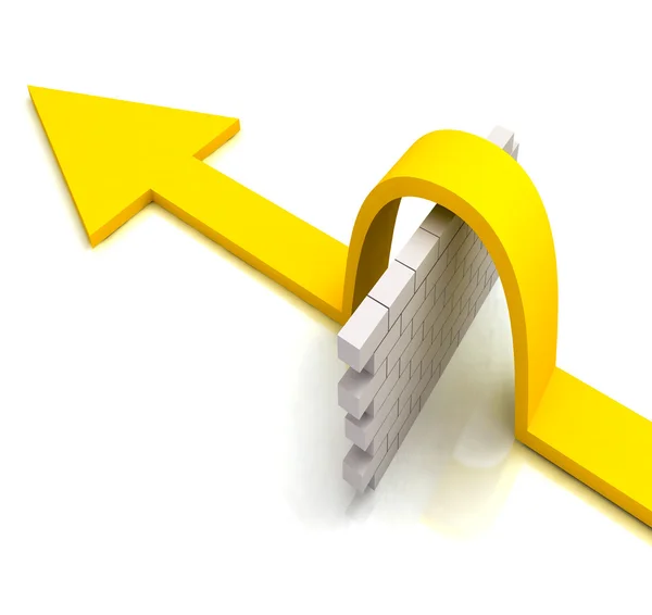 Seta amarela sobre a parede significa superar obstáculos — Fotografia de Stock
