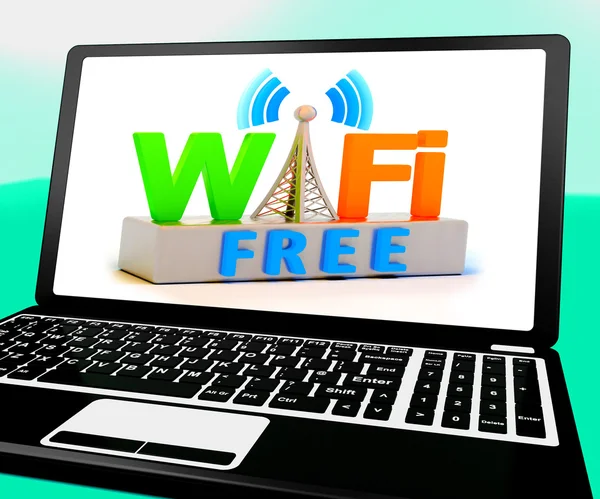 Wifi gratuito en el ordenador portátil muestra conexión gratuita —  Fotos de Stock