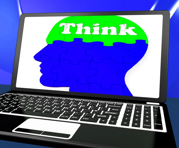 Think On Brain On Laptop Shows Solving Problems Online — Stock Photo, Image