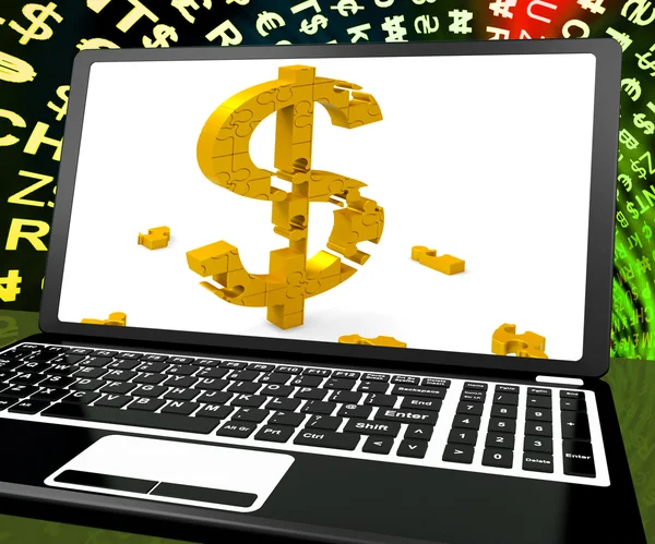 Símbolo do dólar no laptop mostra câmbio de moeda on-line — Fotografia de Stock