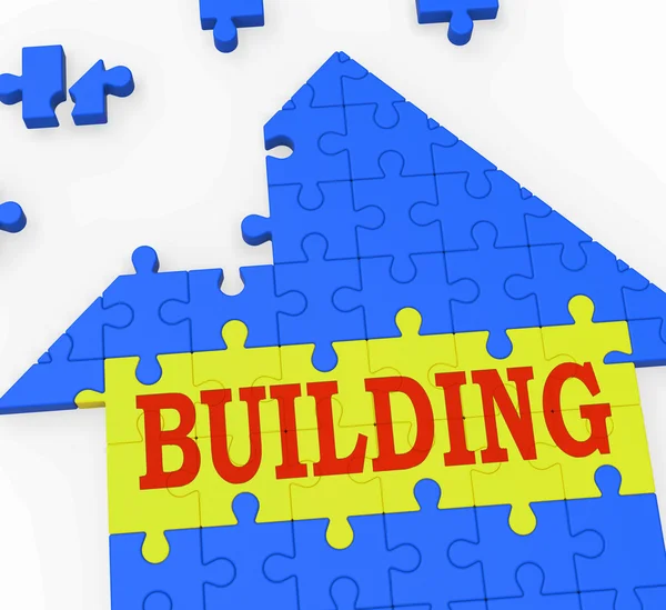 Building House Shows Teamwork Constructing Puzzle — Stock Photo, Image