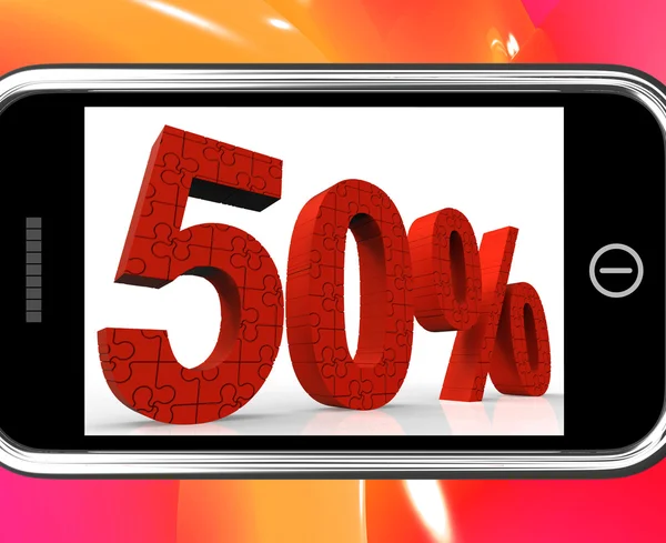 Cinquenta por cento em Smartphone mostrando ofertas e promoções especiais — Fotografia de Stock
