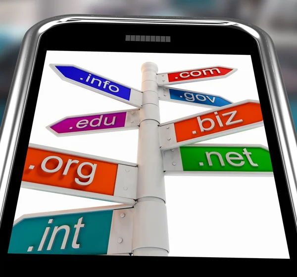 Domains On Smartphone Shows Internet Websites — Stock Photo, Image