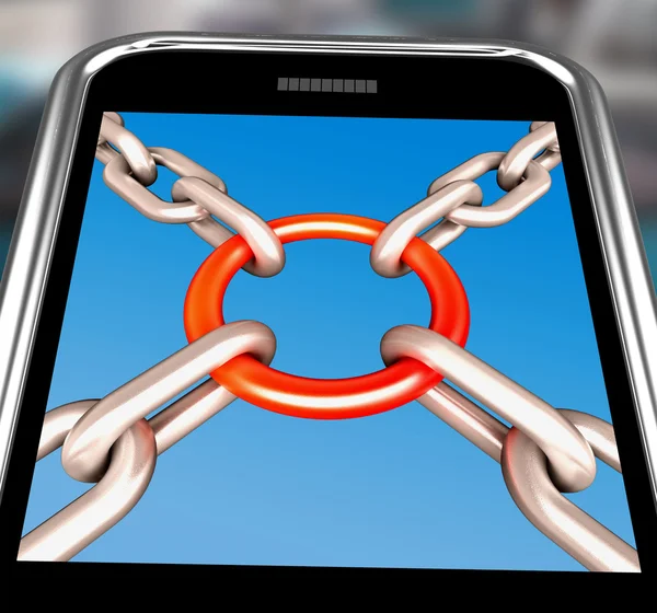 Řetězy na smartphone ukazující zabezpečení jednoty — Stock fotografie