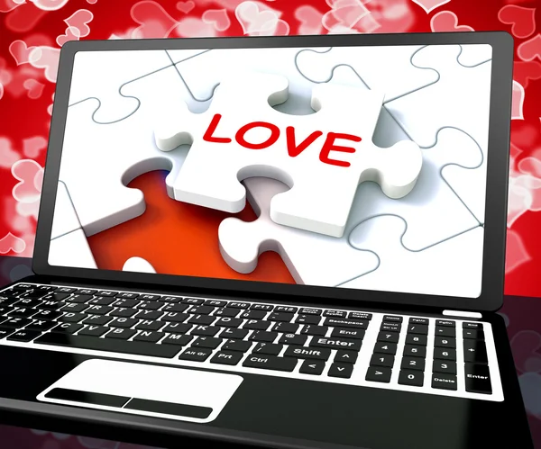 Love Puzzle On Laptop Shows Internet Dating — Stock Photo, Image