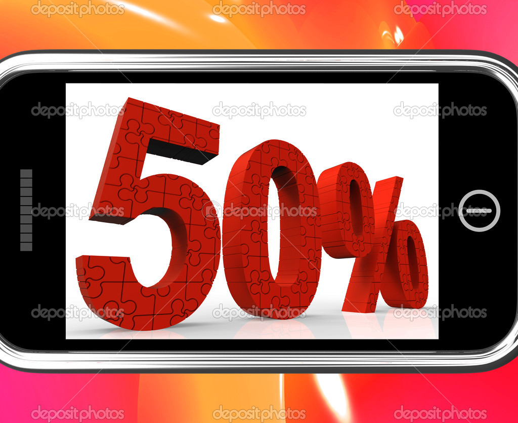 Fifty Percent On Smartphone Showing Special Offers And Promotions