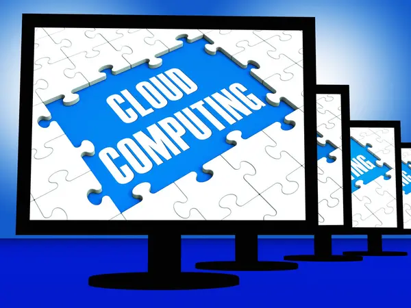 Cloud computing op de monitoren weergegeven: systeem netwerken — Stockfoto