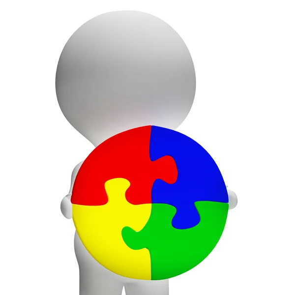 Jigsaw Solution And 3d Character Showing Solution Or Wholeness — Stock Photo, Image