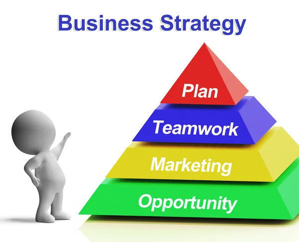 Zakelijke strategie piramide toont teamwerk marketing en plan — Stockfoto