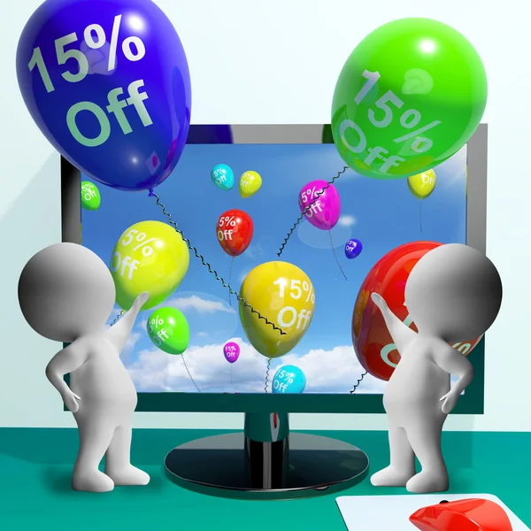 Balony z komputera wyświetlone sprzedaż rabat w wysokości 15% — Zdjęcie stockowe