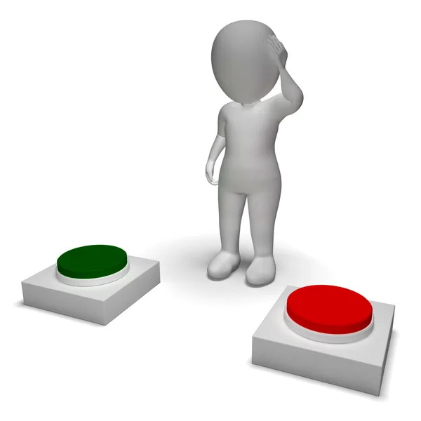 Choice Of Pushing Buttons 3d Character Shows Indecision — Stock Photo, Image