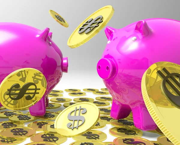 Raining Coins On Piggybanks Shows American Profit — Stok fotoğraf