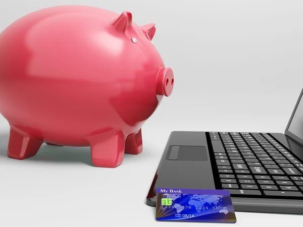 Schweinchen am Computer zeigt Bankgeschäfte am Laptop — Stockfoto