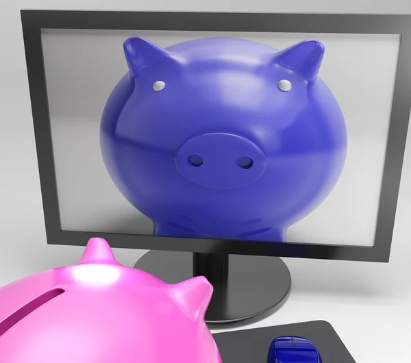 Piggy en pantalla muestra medios de ahorro digitales —  Fotos de Stock