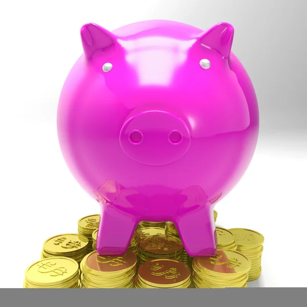 Piggybank On Coins Showing Savings — Stock Photo, Image