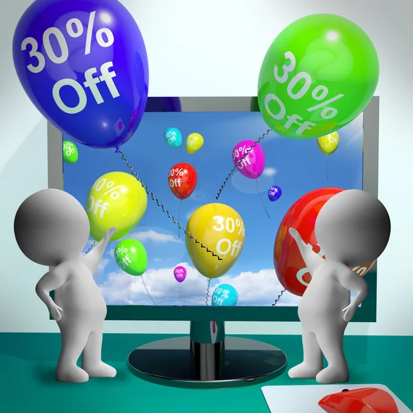Bilgisayarı gösteren Satış iskontosu yüzde otuz üzerinden balon — Stok fotoğraf
