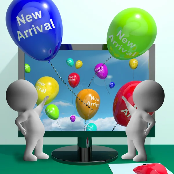 Nové balónky příjezdu z počítače obsahující nejnovější produkty — Stock fotografie