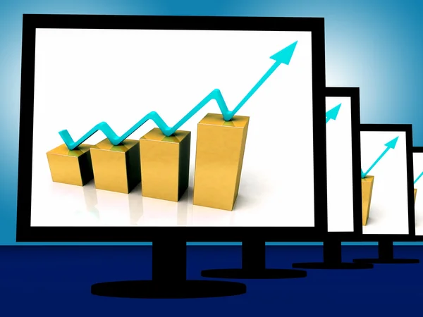 Arrow Going Up On Monitors Shows Financial Growth — Stock Photo, Image