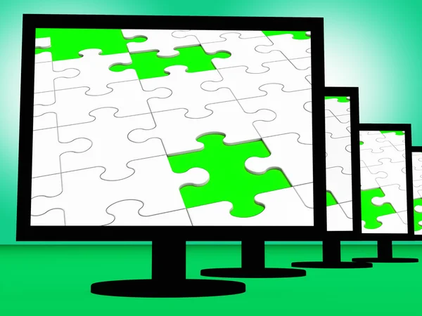 Unfinished Puzzle On Monitors Shows Missing Pieces — Stock Photo, Image