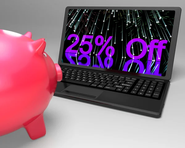 Vinte e cinco por cento de desconto no laptop mostrando promoções especiais — Fotografia de Stock