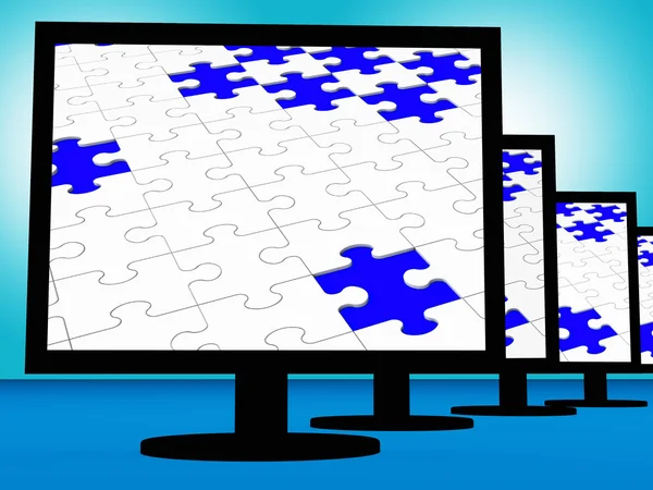 Unfinished Puzzle On Monitors Showing Lost Pieces — Stock Photo, Image