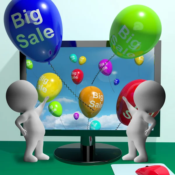 Verkaufsluftballons, die vom Computer kommen und Werbung und Rabatte zeigen — Stockfoto