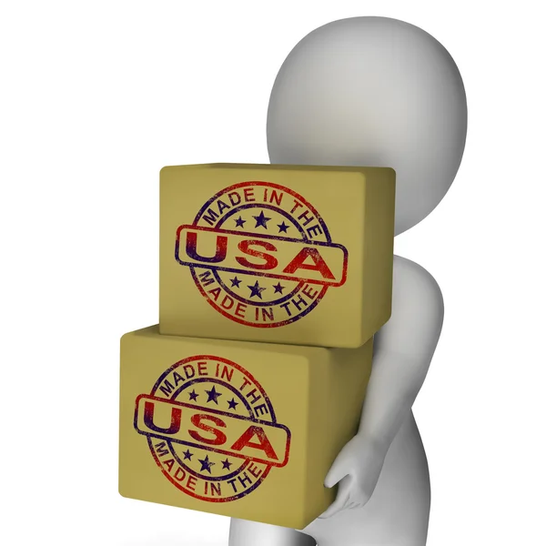 Made In USA Stamp On Boxes Shows American Products — Stock Photo, Image