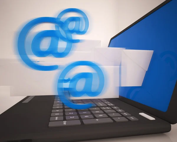 Mail Signs Leaving Laptop Shows Electronic Mails — Stock Photo, Image