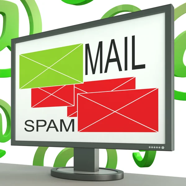 Mail And Spam Envelopes On Monitor Shows Online Messages — Zdjęcie stockowe