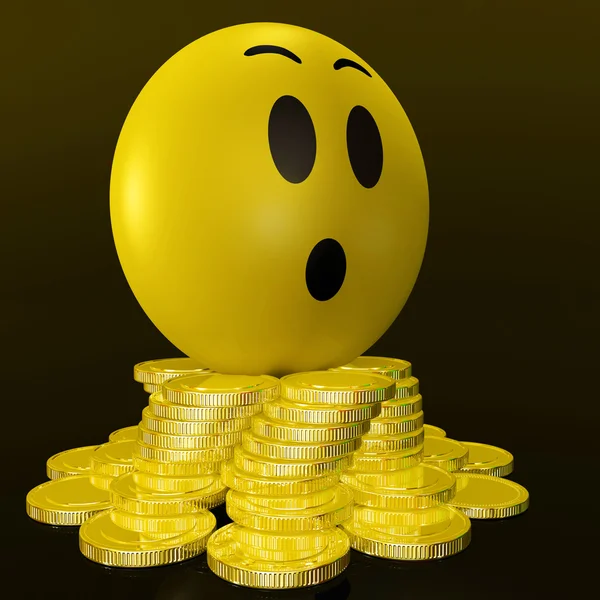 Surprised Smiley With Coins Shows Unexpected Earnings — Stock Photo, Image