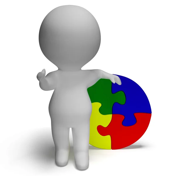 Jigsaw Solution And 3d Character Showing Solution Or Finished — Stock Photo, Image