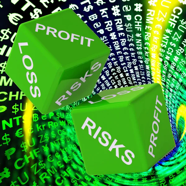 Winst, verlies, risico's dobbelstenen achtergrond toont riskante investeringen — Stockfoto