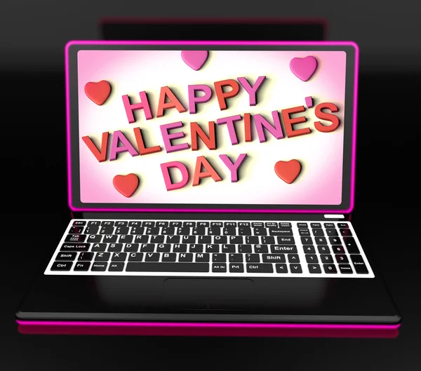 Happy Valentine's Day On Laptop Showing Celebrating Love — Stock Photo, Image