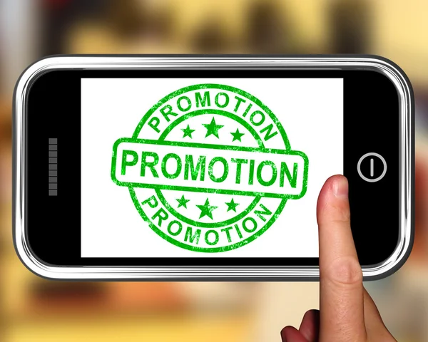 Promocja na smartphone pokazuje promocje — Zdjęcie stockowe
