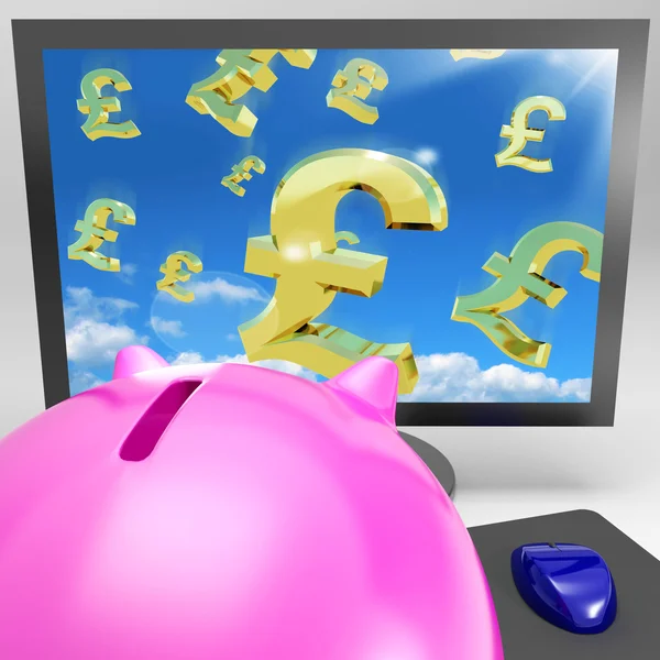Pound Symbols Flying On Monitor Showing Britain Wealth — Stock Photo, Image