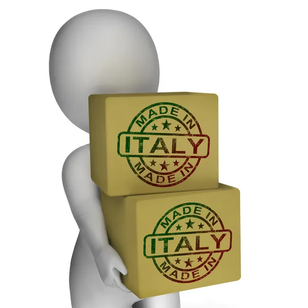 Made in Italy Briefmarke auf Schachteln zeigt italienische Produkte — Stockfoto