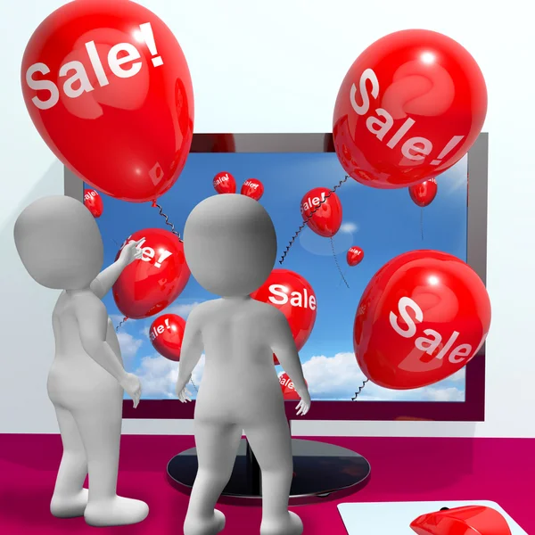 Sale Balloons Coming From Computer Showing Internet Promotion An — Stock Photo, Image