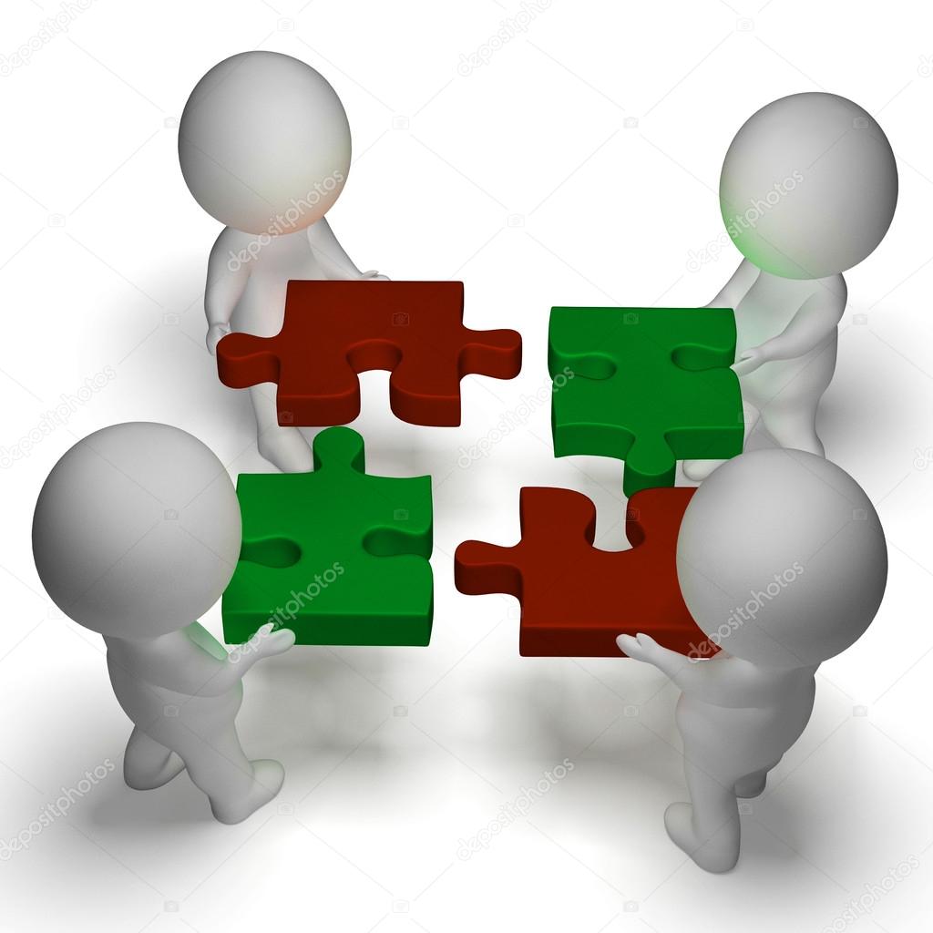 Jigsaw Pieces Being Joined Shows Teamwork And Assembling