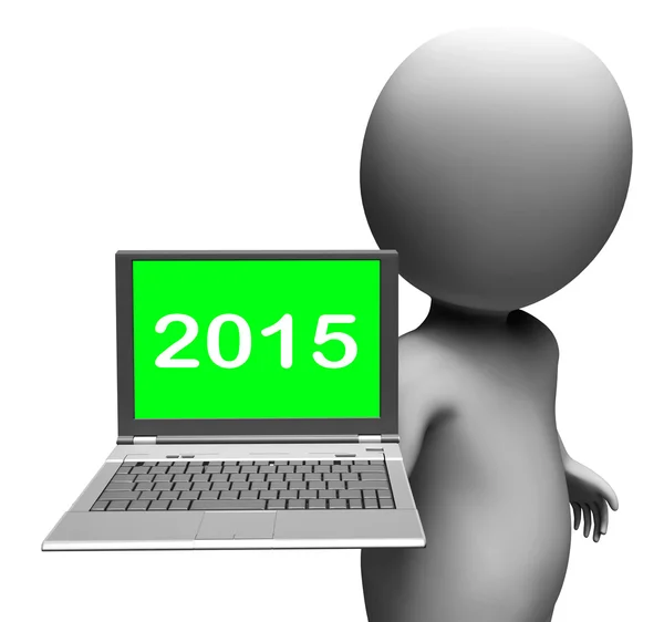 Two Thousand And Fifteen Character And Laptop Shows New Year 201 — Stock Photo, Image