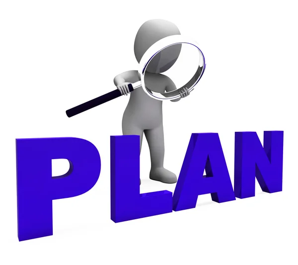 План Персонаж показывает планы Цели Планирование и организация — стоковое фото
