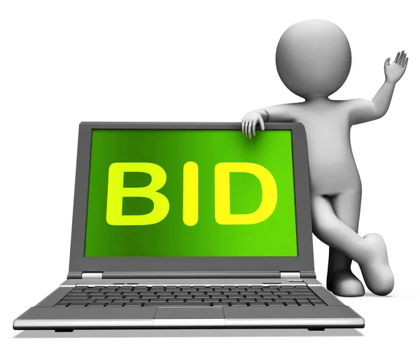 Bid Laptop And Character Shows Bidder Bidding Or Auctions Online — Stock Photo, Image