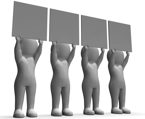 Characters With Four Blank Boards For Message Or Text — Stock Photo, Image