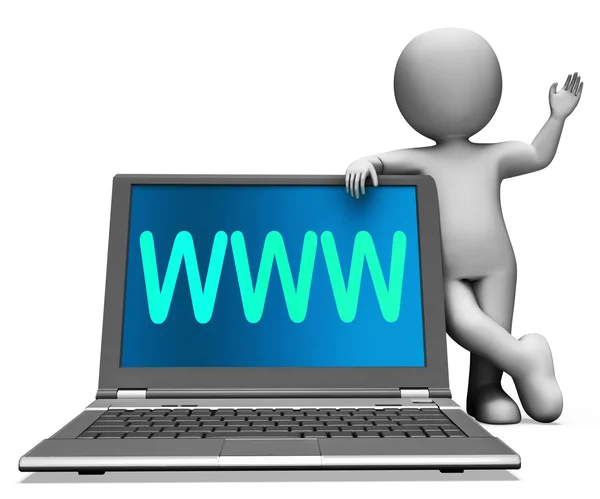 Www ordenador portátil y el carácter muestra sitios web Internet Web o Red — Foto de Stock