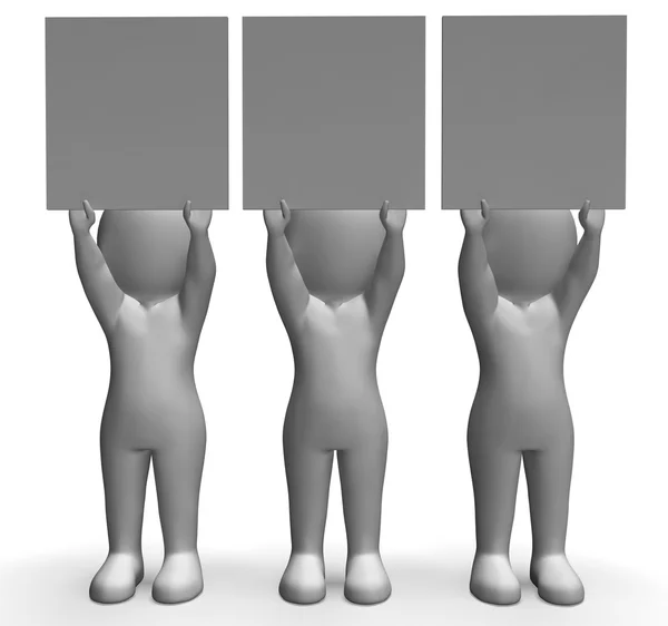 Characters With Three Blank Boards For Message Or Text — Stock Photo, Image